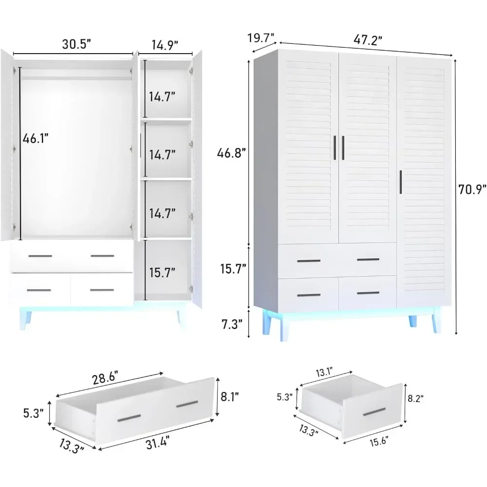 3 Door Armoire Wardrobe Closet Cabinet with Drawers and LED Lights, Multi-Tier Shelves, Hanging Rod & 3 Louver Doors