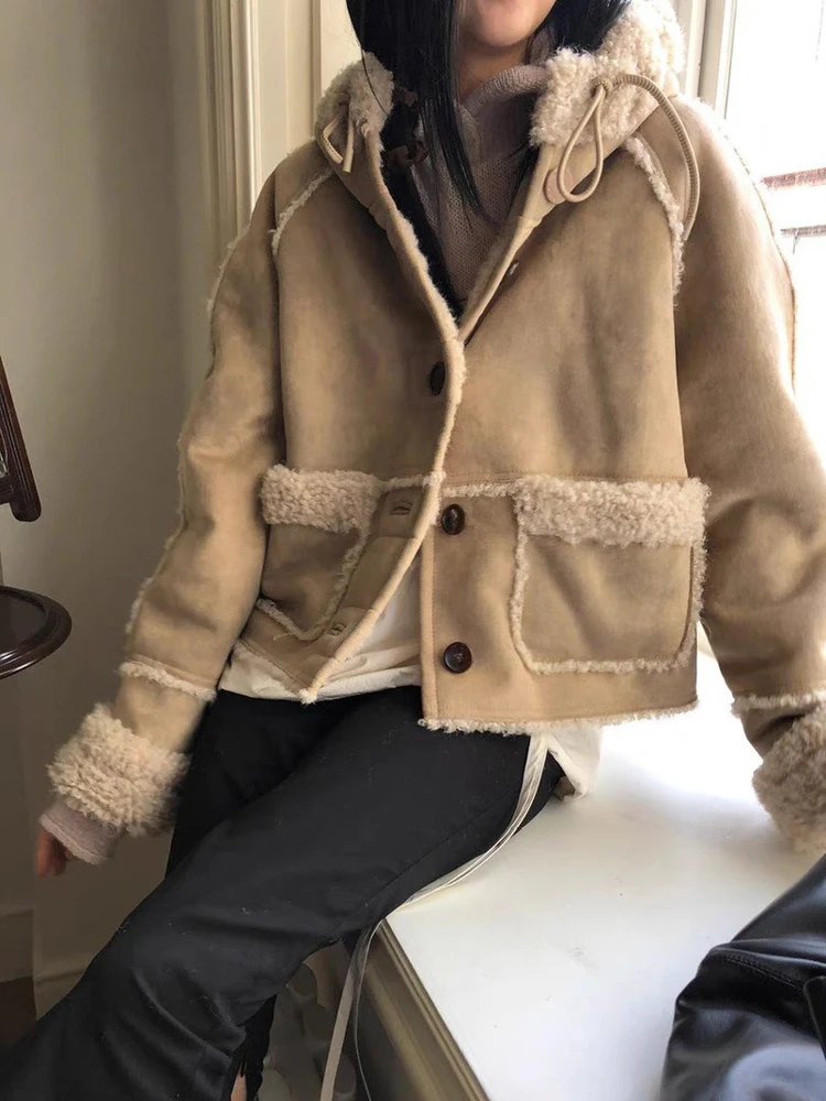 여성용 모피 코트 인조 가죽 및 모피 겨울 초기 시즌 후드 단추 하나 친환경 따뜻한 롱 코트...