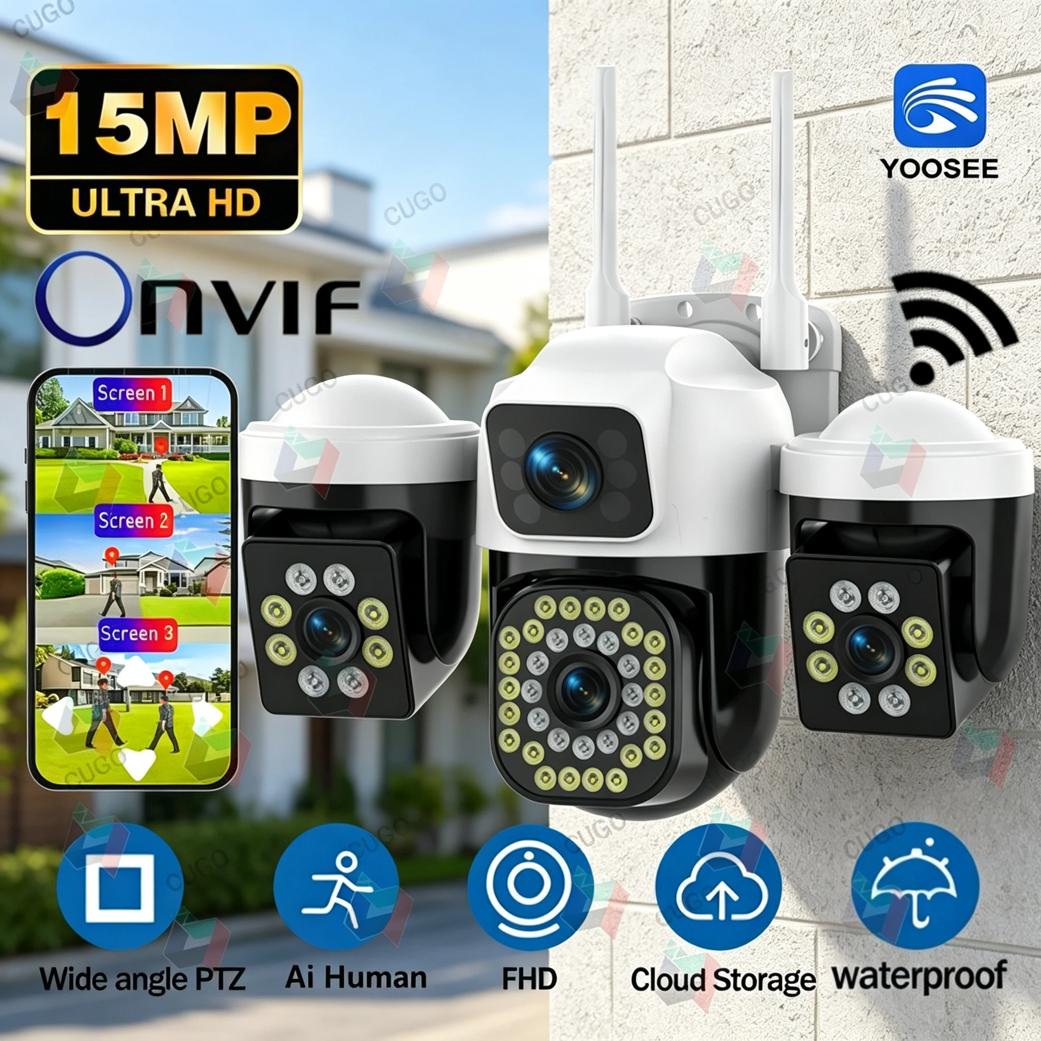 YOOSEE 15MP 4K WiFi Camera Three Lens Screen Camera Onvif 10X Zoom PTZ Automatic Tracking Two-way Audio CCTV Video Security Cam