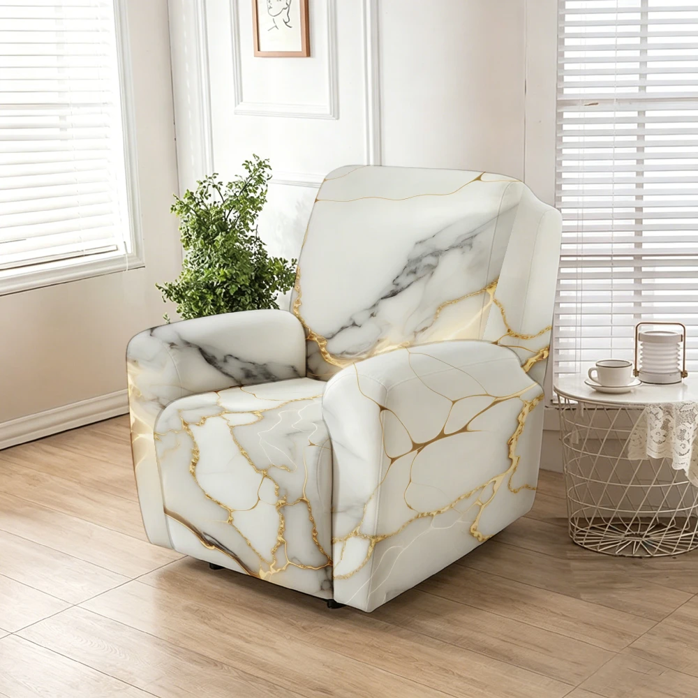 Recliner Slipcover,White Gold Marble Print Stretch Recliner Sofa Cover, Stretch Soft Furniture Protector Slipcover