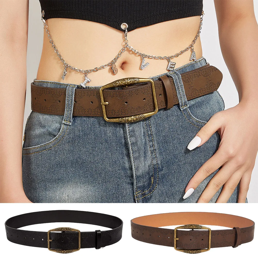 

PU Leather Women Belt Casual Ethnic Waistbands Black Brown Floral Embossed Waist Belt Bronze Pin Buckle Luxury Pants Dress Chain