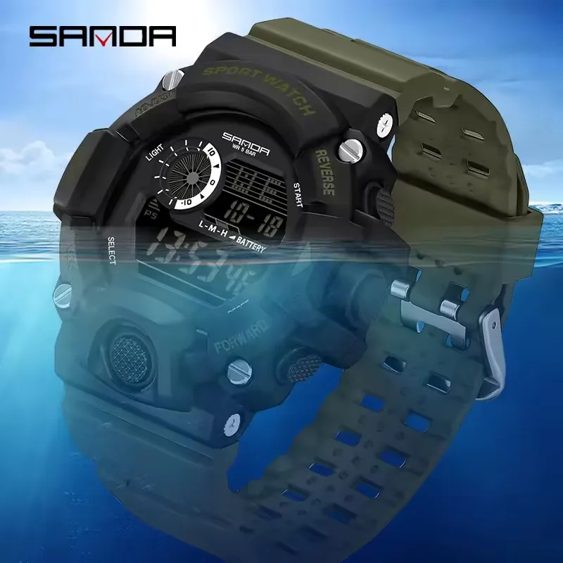 SANDA 326 패션 남성용 전자 시계 LED 디스플레이 화면 다이얼 방수 알람 시계 타이밍 남성용 야외 스포츠 시계