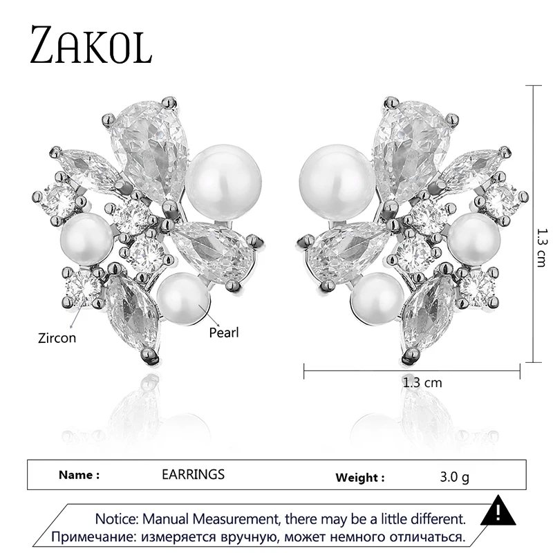 ZAKOL Korean Flower Shape Imitation Pearl Stud Earrings for Women Fashion Geometry White Zircon Earring Wedding Jewelry