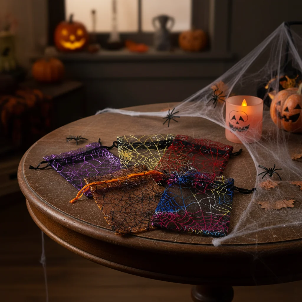 25/50/100pcs 10x15cm Colorful Spider Halloween Organza Gift Bag Web Printing Packaging Gift High Quality Drawstring Candy Bag view 3