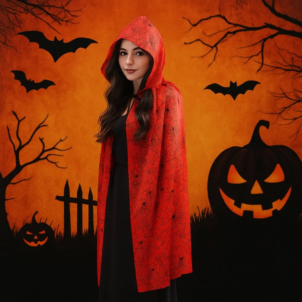 Bloodstain Halloween Costume Cosplay Props Plaid Party Halloween Death Cloak with Cap Funny Dark Spider Web Cape All Saints' Day