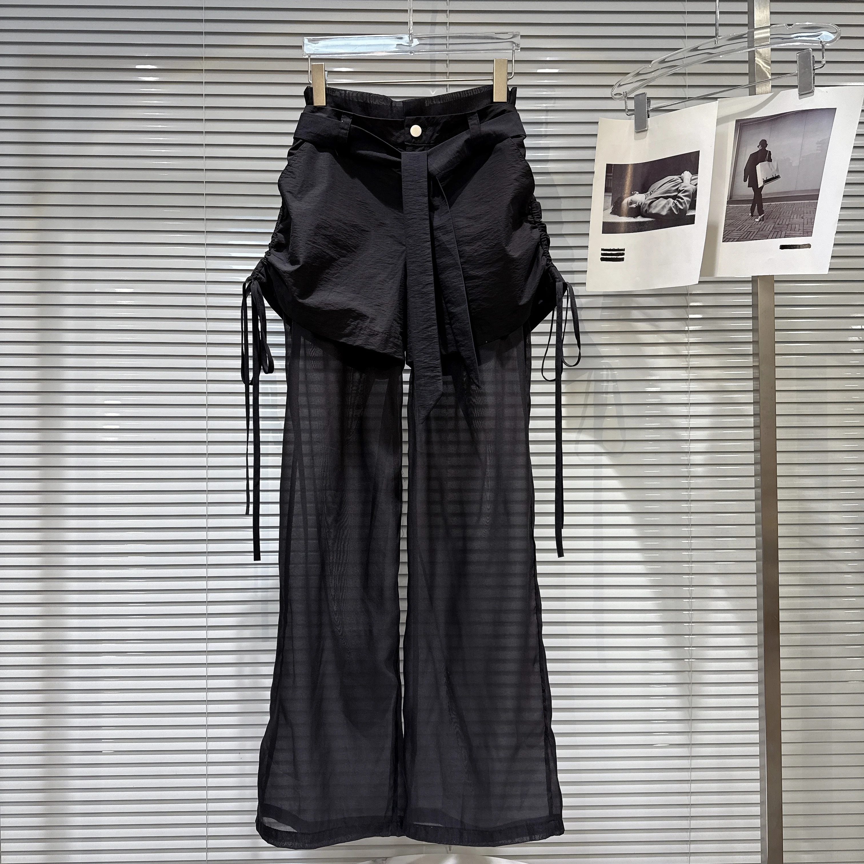 

2025 Summer New Street Fashion Drawstring Mesh Patchwork Cargo Pants Lightweight