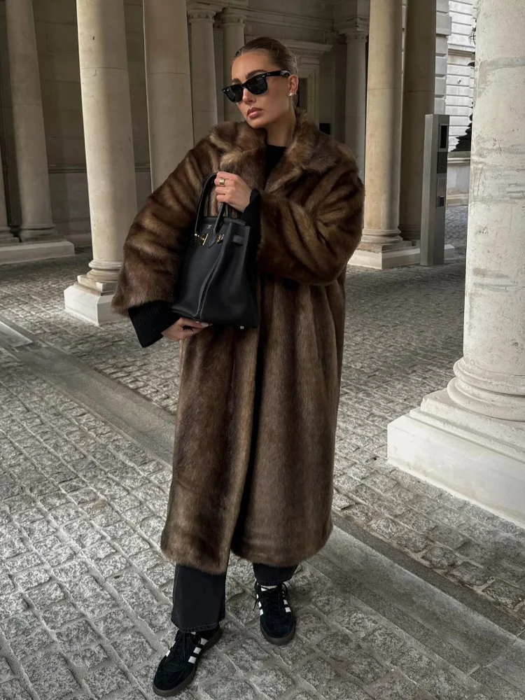 Women Luxury Brown Long Faux Fur Overcoat Fashion Lapel Single Breasted Warm Fluffy Coats 2024 Winter Lady Street Plush Outwear