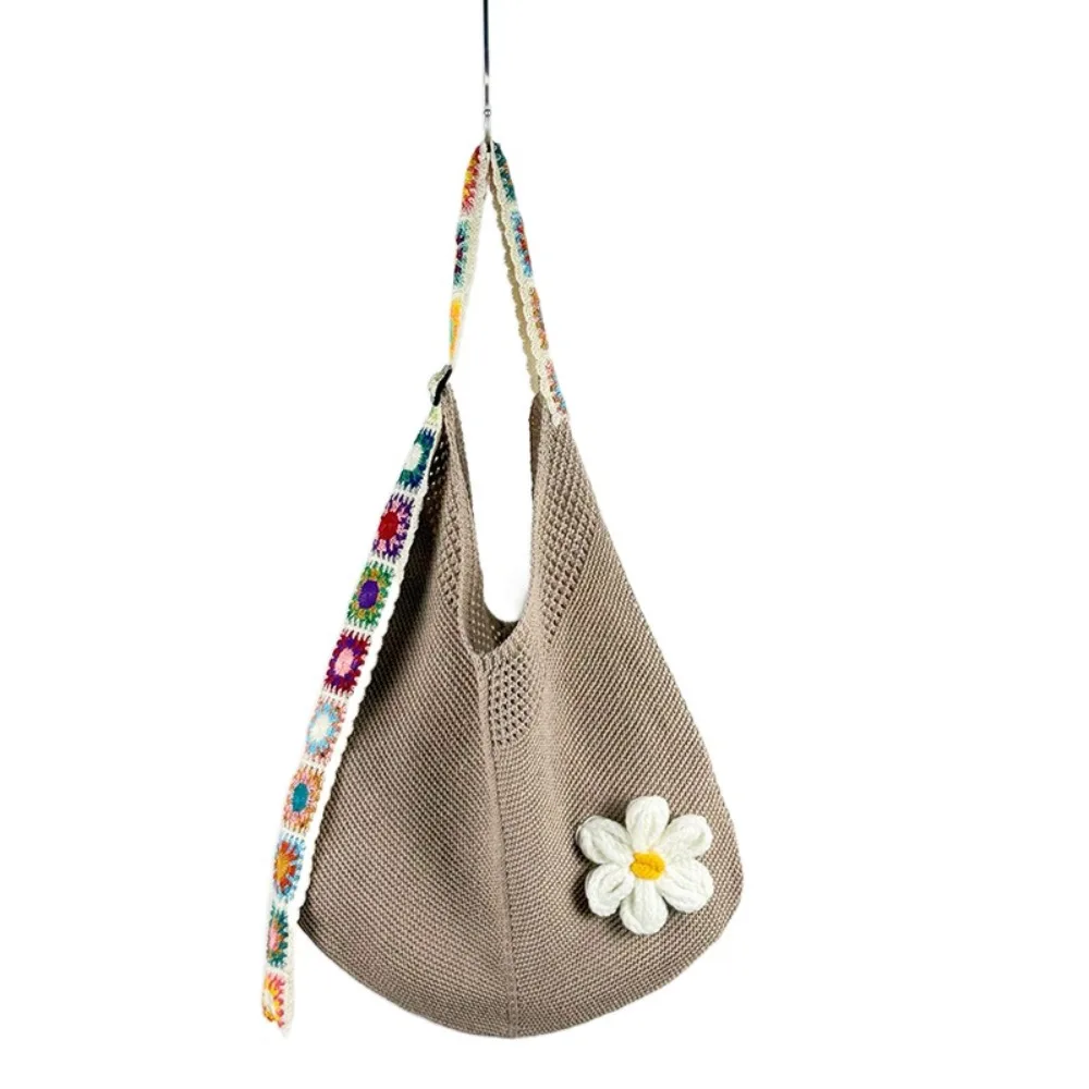 

Casual Crochet Flower Knitting Bag Weaving Mesh Beach Tote Bag Large Capacity Bohemian Style Hollow Shoulder Bag Travel