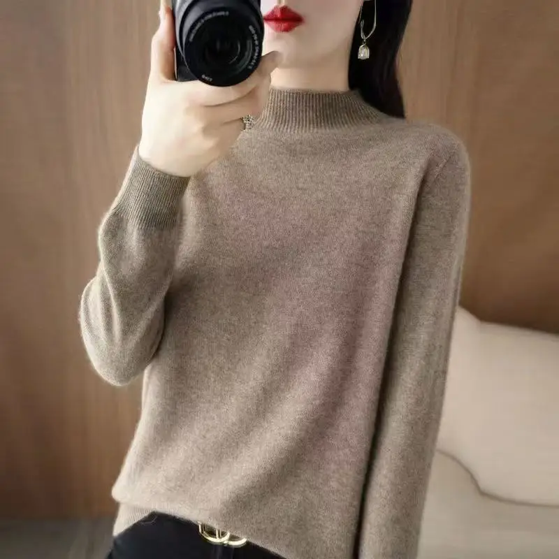 Women's Imitation Merino Wool Cashmere Sweater Semi-High-Necked Long-Sleeved Pullover Warm Autumn Winter Knitwear