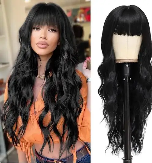 

Long Black Wig with Bangs,26 Inches Synthetic Wavy Bang Black Wigs for Women Curly Heat Resistant Black Hair Wig Cosplay Selena