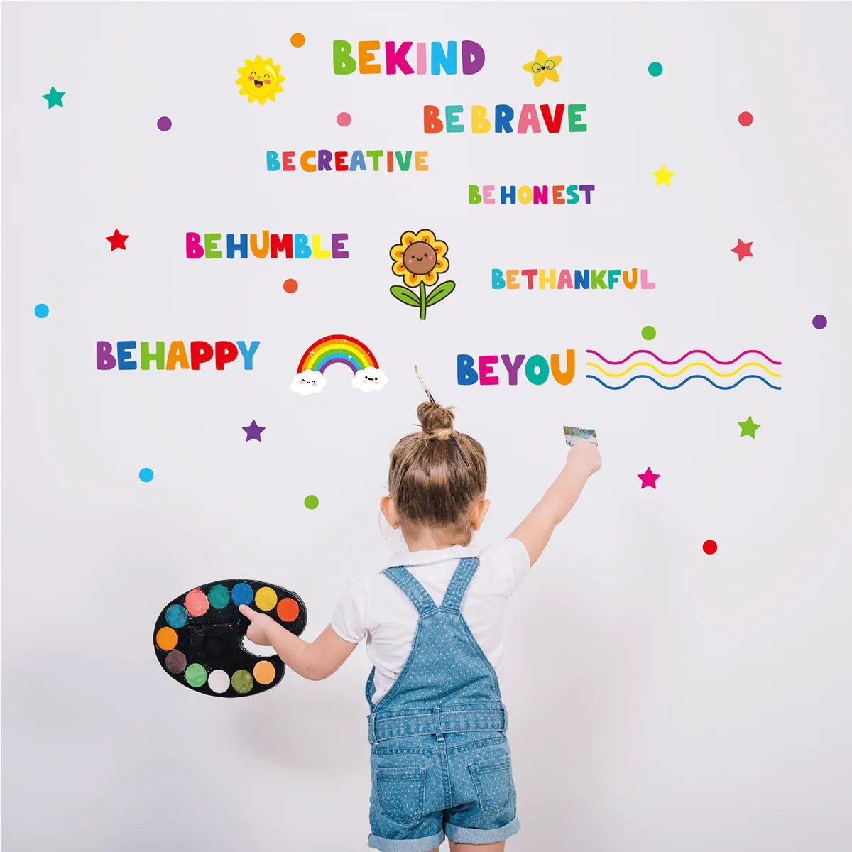Ensemble de 3 autocollants muraux « Soyez gentil, soyez courageux, soyez créatif, soyez honnête », autocollants muraux de dessin animé mignons pour chambre d'enfant, décoration murale pour la maison