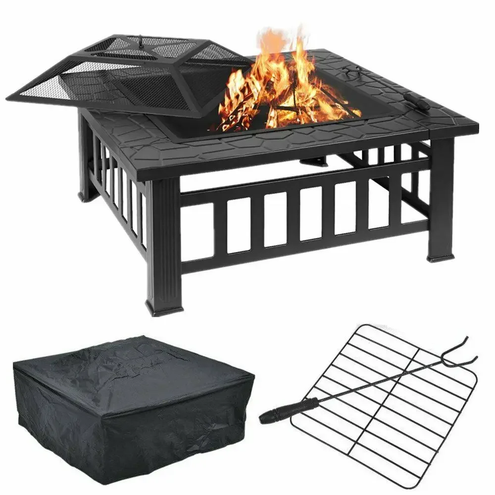 

Heavy Duty 3in1 Square Patio Firepit Table BBQ Garden Stove with Spark Screen Cover Log Grate and Poker for Outside Wood Burning