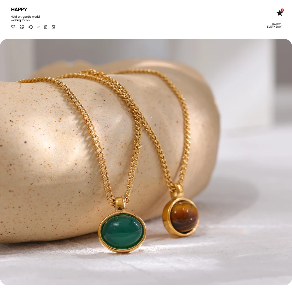 Yhpup Green Agate Tiger Stone Pendant Necklace for Women 316L Stainless Steel Gold Color Chain Collar Fashion Charm Jewelry