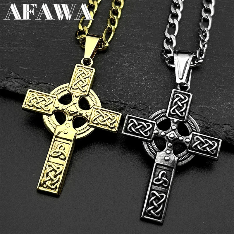 

Vintage Stainless Steel Christian Cross Pendant Necklace For Women Men Fashion Nordic Celtic Knot Amulet Hip Hop Chain Jewelry