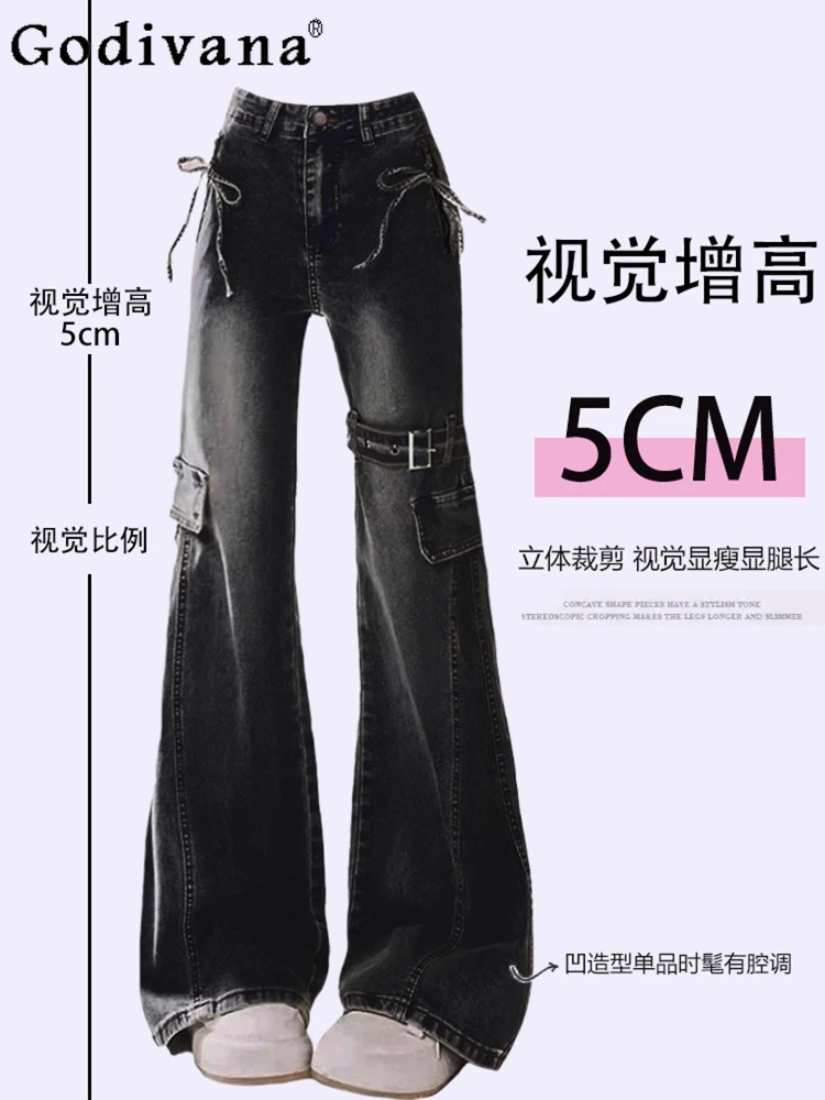 

Large Size American Retro Sweet Bow Sexy Street Bootcut Jeans Women's Black High Waist New Autumn Fashion Versatile Trousers