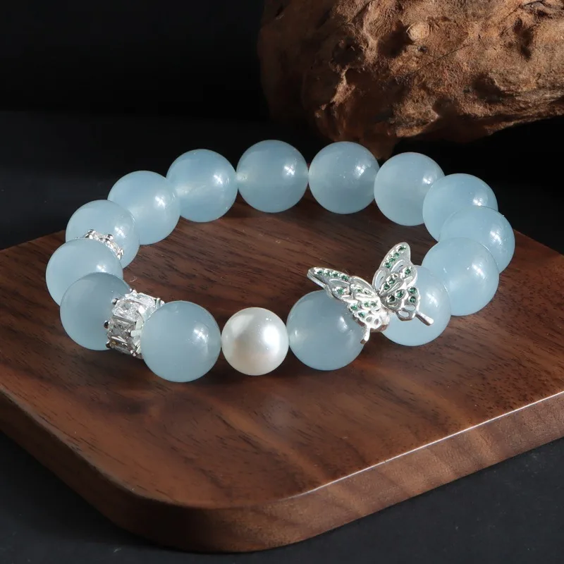 Minar Fairy Blue Natural Stone High Quality White Gray Imitation Pearl CZ Zircon Butterfly Strand Charm Bracelets for Women Girl