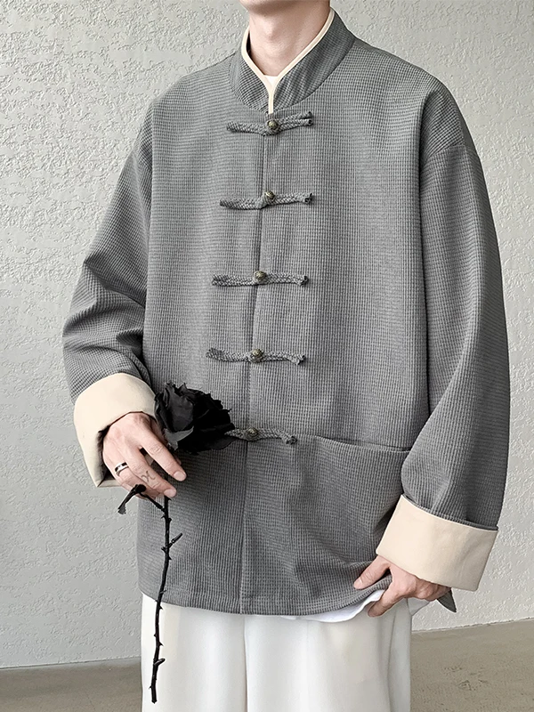 

Loose Fit Men's Tang Suit Jaet Autumn Faion Copper Bule Stand Collar Zen Tea Ceremony Outerwear Traditional Chinese Sle