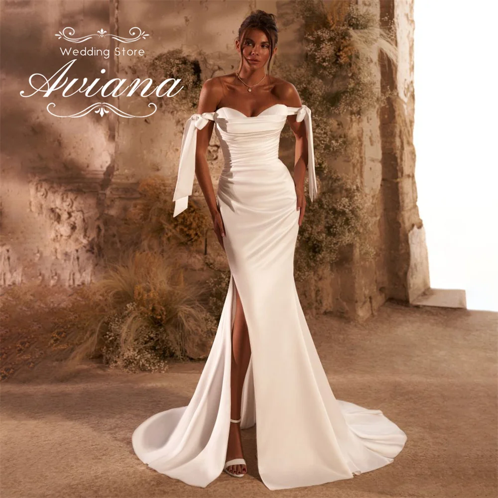 Aviana personnalisé chérie hors de l'épaule arc sirène robe de mariée haute fente volants Court Train longueur de plancher Simple nouveau