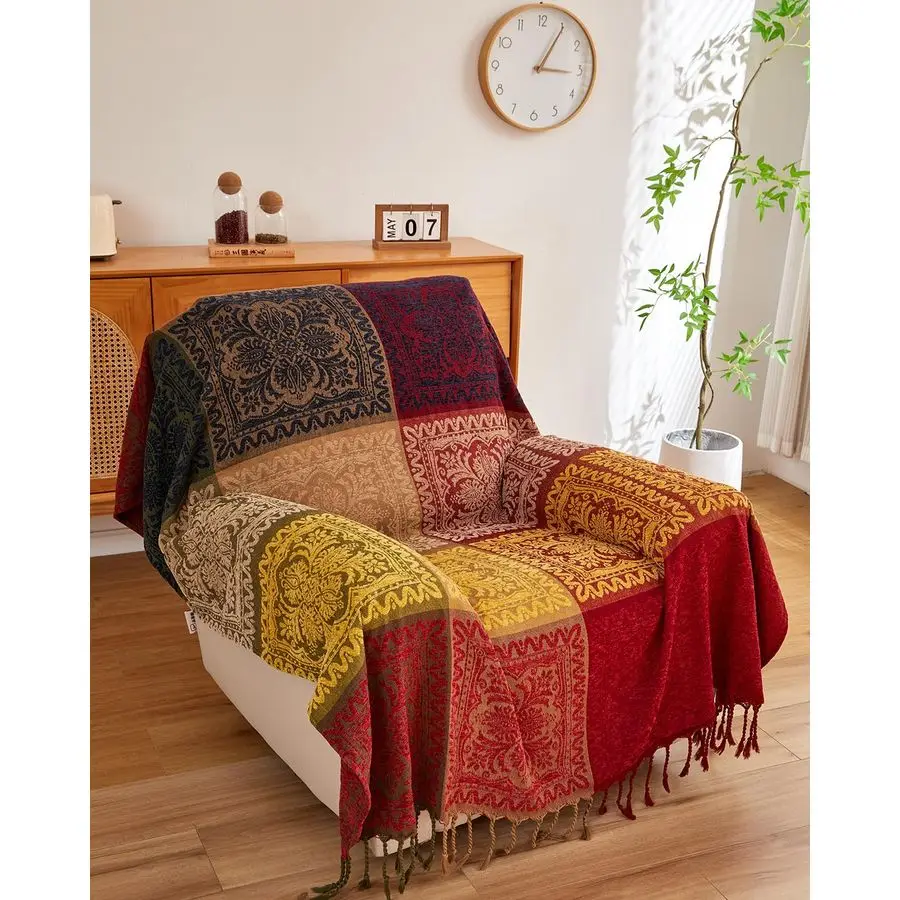 

Boho Throw Blanket, Chenille Jacquard Colorful Bohemian Chair Recliner Furniture Cover Aztec Hippie Throws Loveseat Sofa Blanket