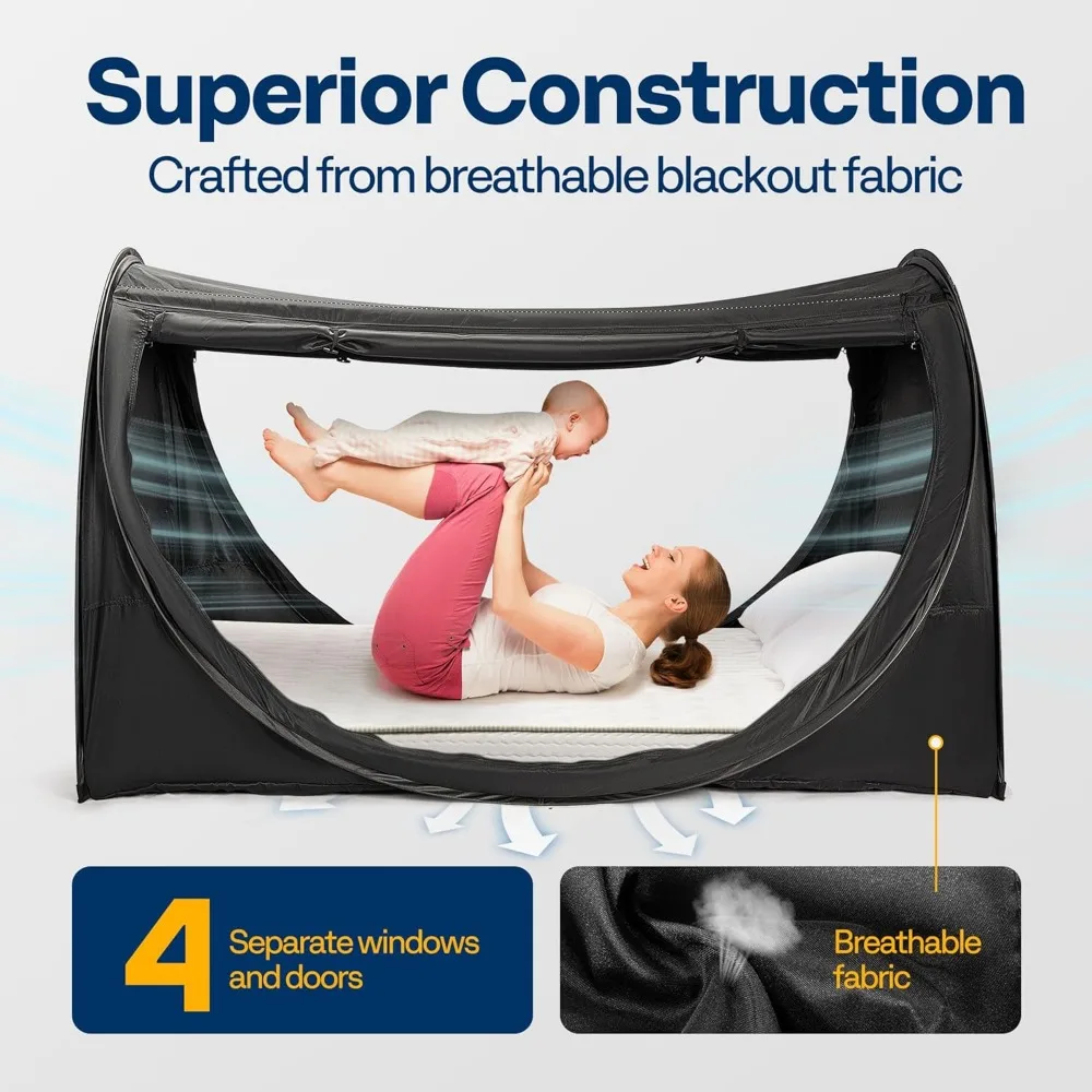 VIVOHOME ポップアップベッドテント ツインサイズ、プライバシーベッドキャノピー（4ドア、蚊帳付き）、通気性のあるオールブラックスリーピングテント（子供用）