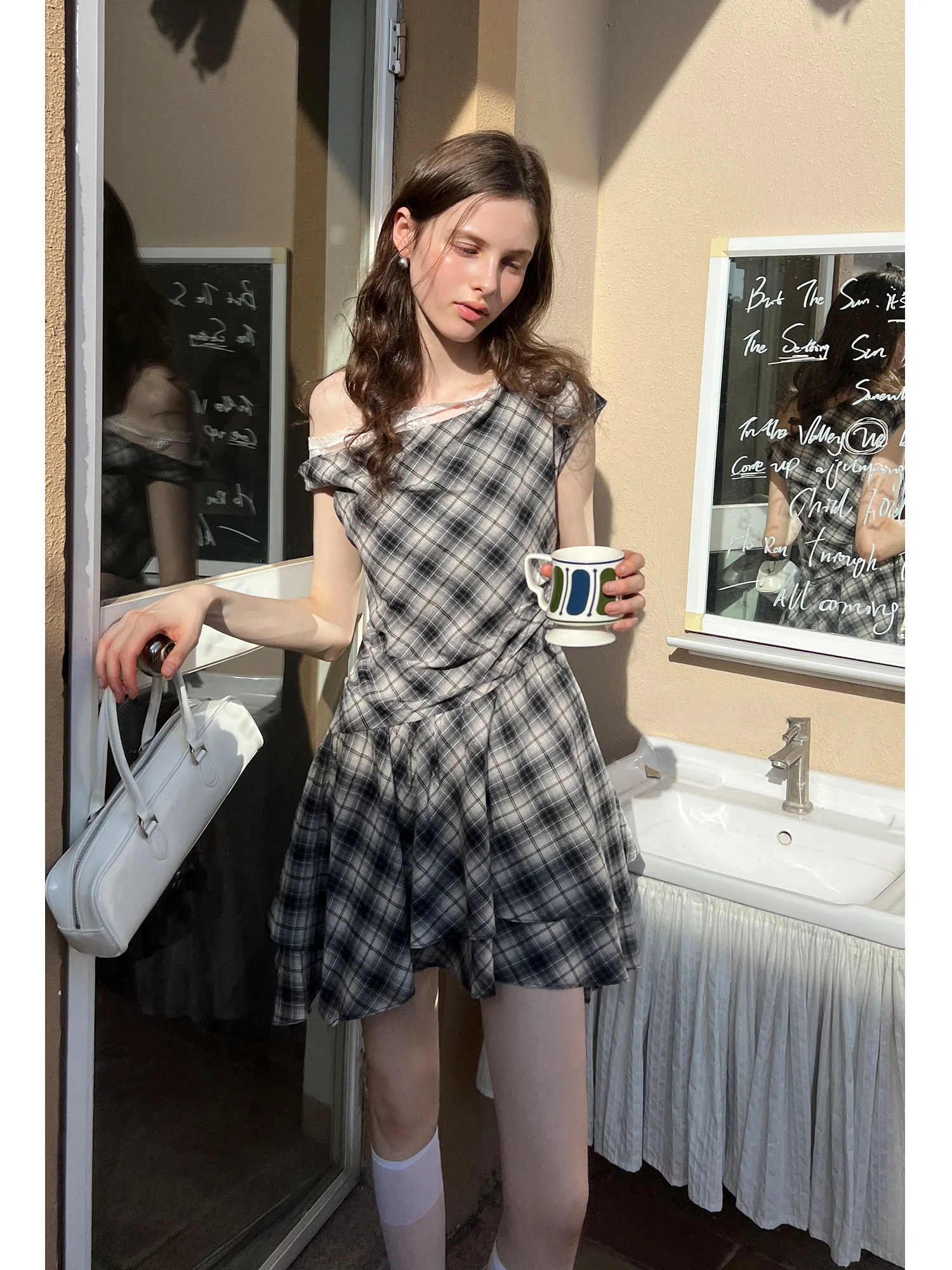 Eggka Korean Sle Lace Collar Plaid Svel Women's Dr Slimming A-Line ort Skirt High Waist Summer Faion Dr