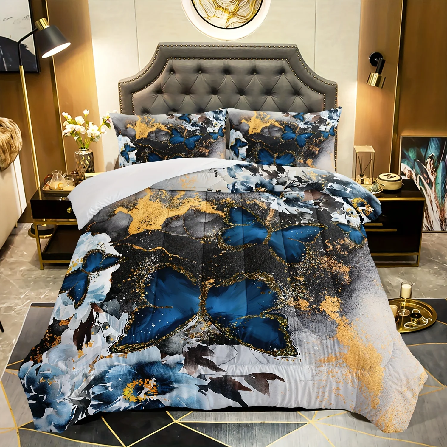 3pcs Marble Butterfly Comforter Set for Young People Adult Room Decor Black White Gold Abstract Marble Pattern Printed Bed Set
