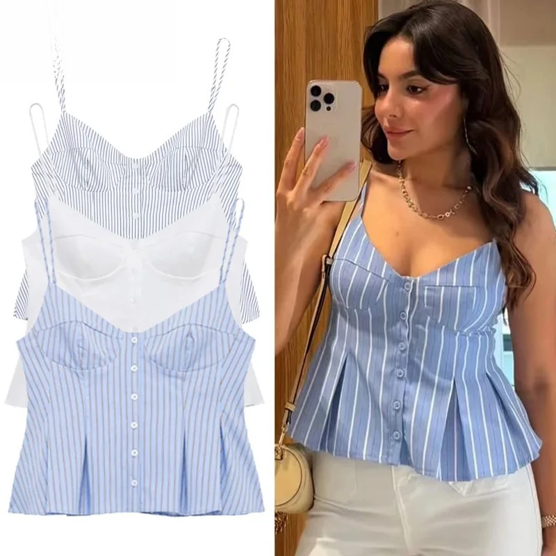 

Striped Slip Top Women Summer 2025 Sexy Crop Corset Tanks & Camis Sleeveless Backless Top For Woman Fashion Casual Camisole