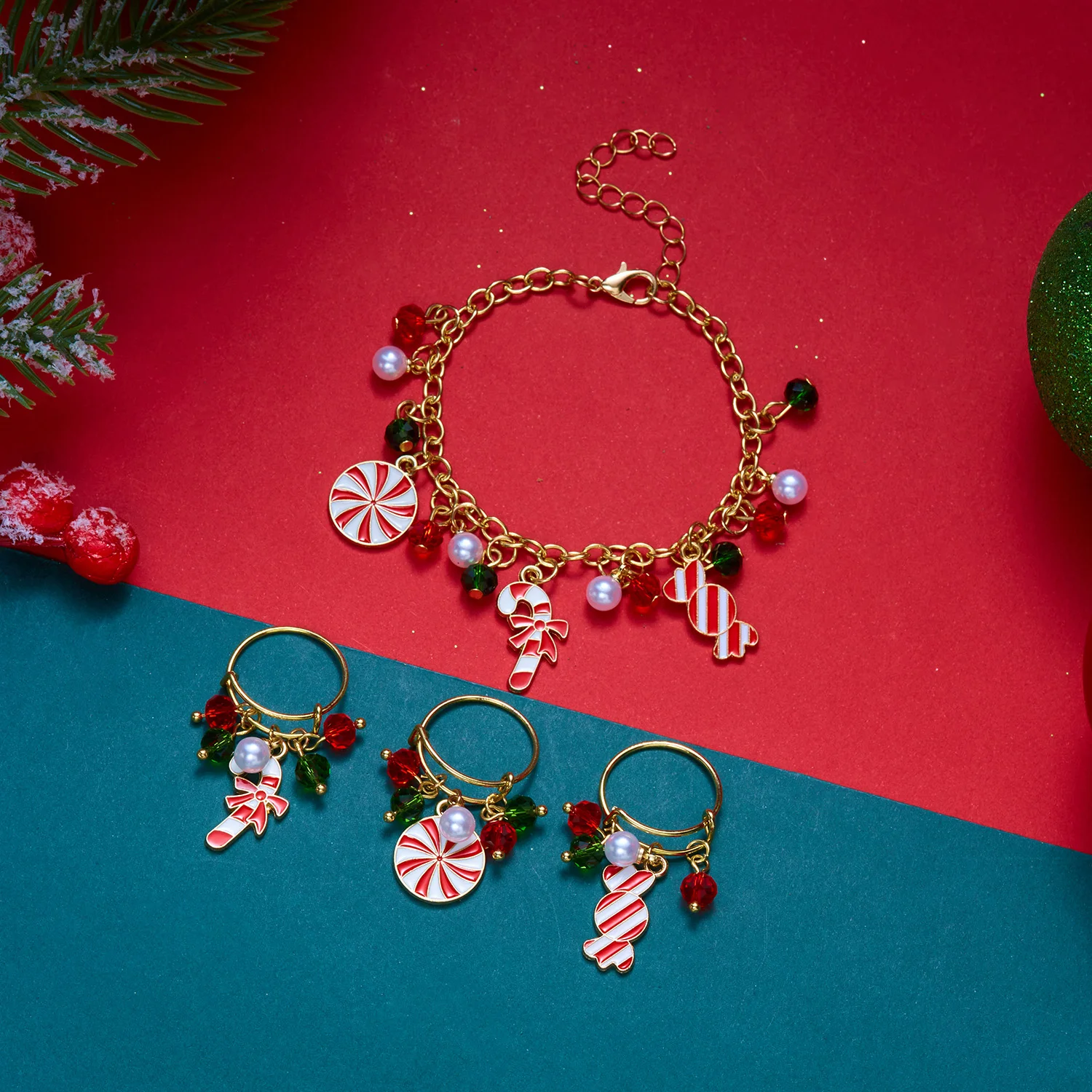 Christmas Cute Elf Staff Bell Pendant Ring Set Women's Elegant Elastic Beads Elderly Gloves Finger Ring Party Jewelry Gift