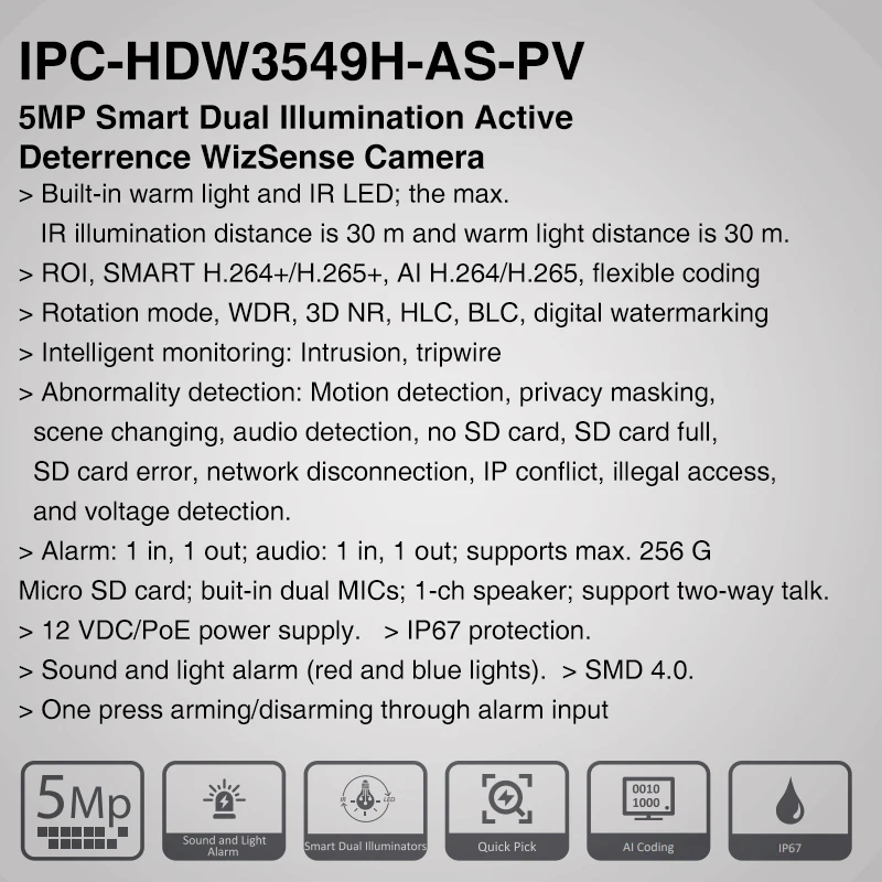 Dahua IPC-HDW3549H-AS-PV 5MP H.265+ Smart Full-color Active Deterrence Fixed-focal IR 30M Eyeball WizSense Network Camera IP67