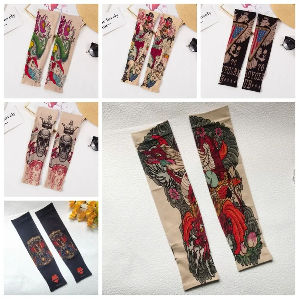 Elastic Flower Arm Tattoo Sleeve Breathable UV Protection Men Sunscreen Sleeve Long-sleeved Sunscreen Ice Silk Arm Sleeve Sports