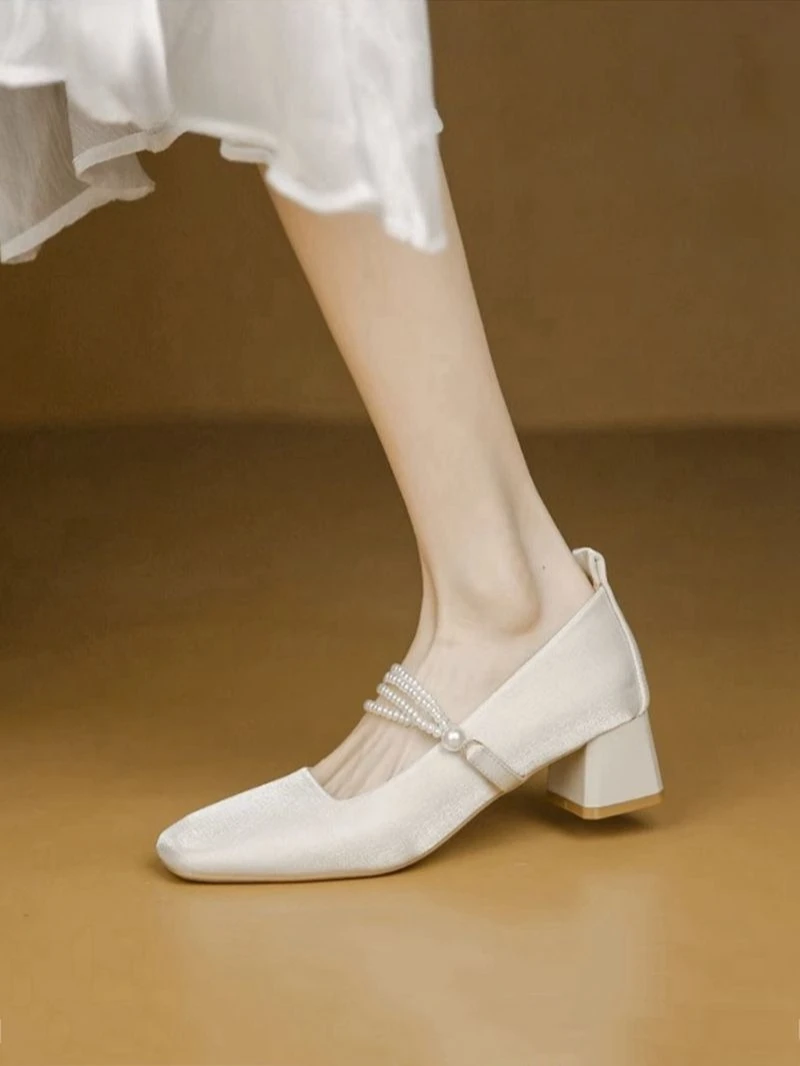 

Mary Jane Women Shoes Square Toe Chunky Heel Pearl Detail Fairy Style Wedding Bridal Bridesmaid Single Shoes Go With Dress