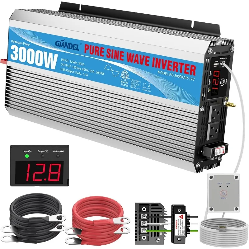 3000Watt Pure Sine Wave Inverter 3000W 12V DC to 110V 120V AC ETL Listed UL458 STD Lithium Battery Compatible