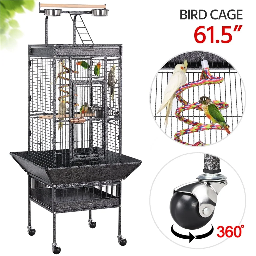 Gaiola de metal para papagaio e pássaros, 61,5 polegadas, com escada superior, tigelas de alimentação, fácil limpeza, calopsita, lovebird