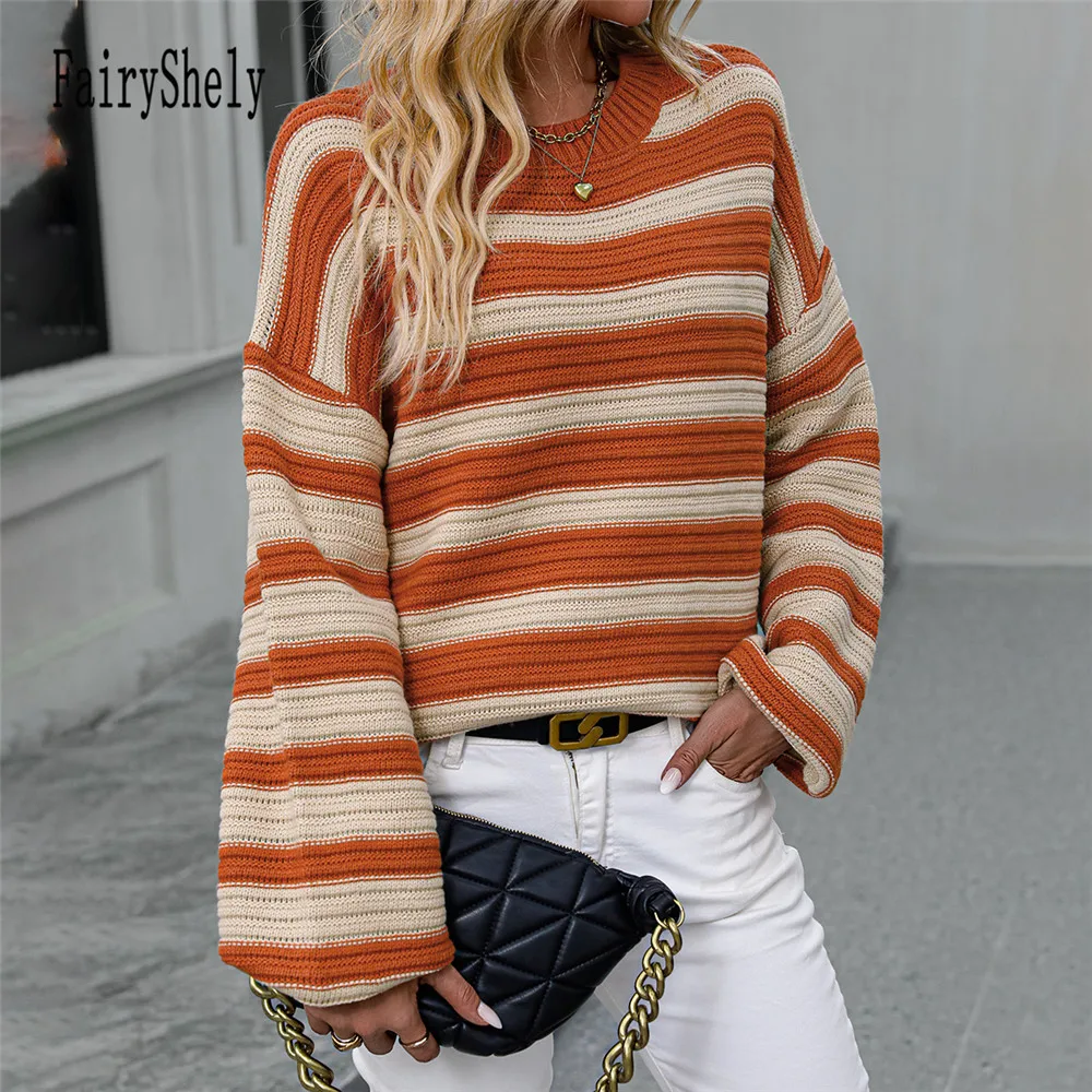 Fairyshely 2024 Autumn Winter Long Sleeve Striped Sweater Women Casual O-Neck Patchwork Pullover Ladies Loose Knit Warm Jumpers