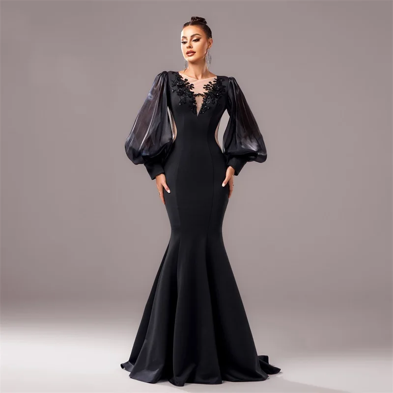 

Elegant Black Lace Evening Dress Sexy V Neck Full Sleeves Formal Birthday Mermaid Sheath Slim Long Party Prom Gown Robe