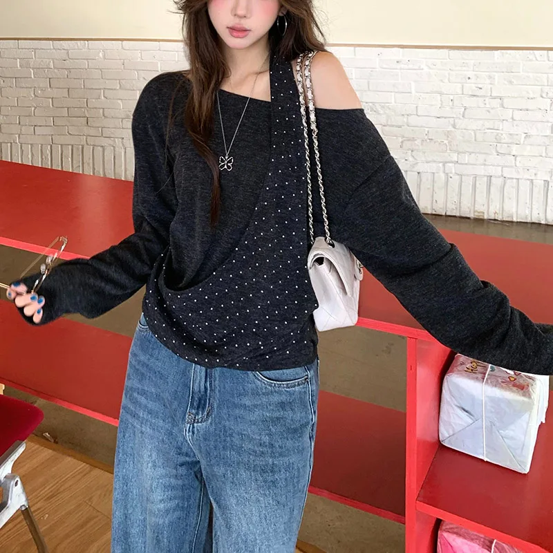 New Female T-shirts Wave Point Designer T-shirts Girls Chic Halter Loose Tops Women Retro Fashion Off Shoulder Clothes