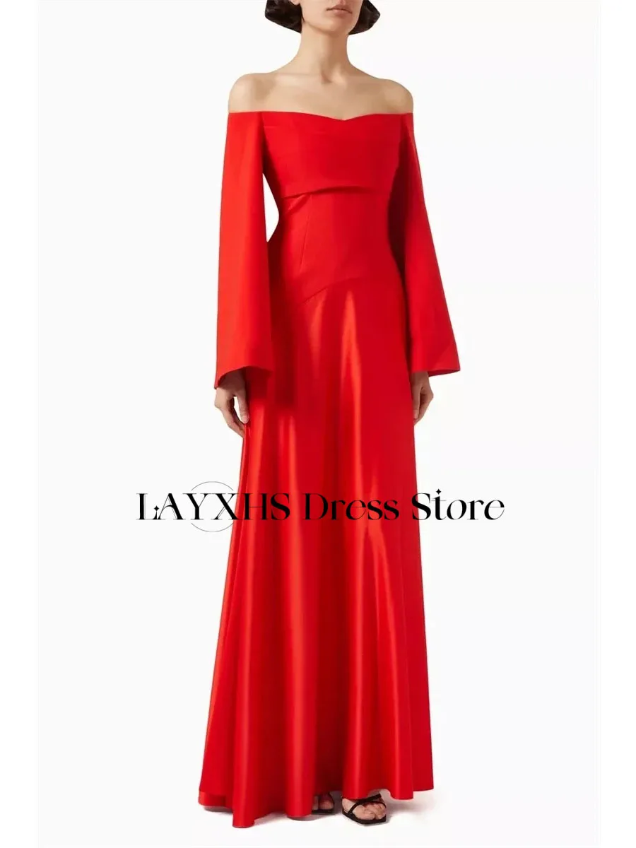 LAYXHS Schlichtes, schulterfreies Abendkleid, rosa, langärmelig, A-Linie, bodenlang, Ballkleid, maßgeschneidert