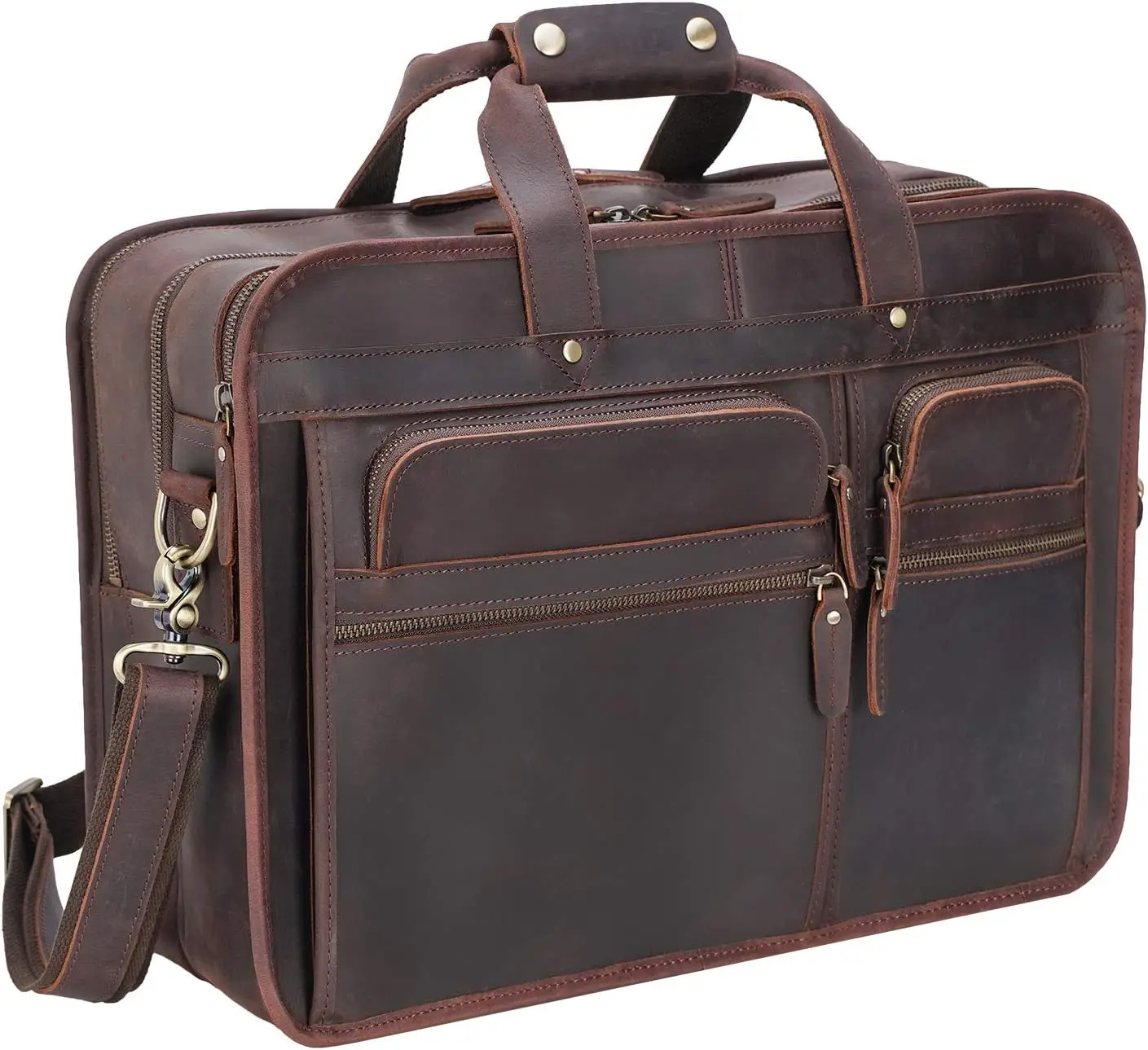 Men's Full Grain Leather Briefcase Large 17 Inch Business Travel Laptop Messenger Bag Tote with YKK Metal Zippers