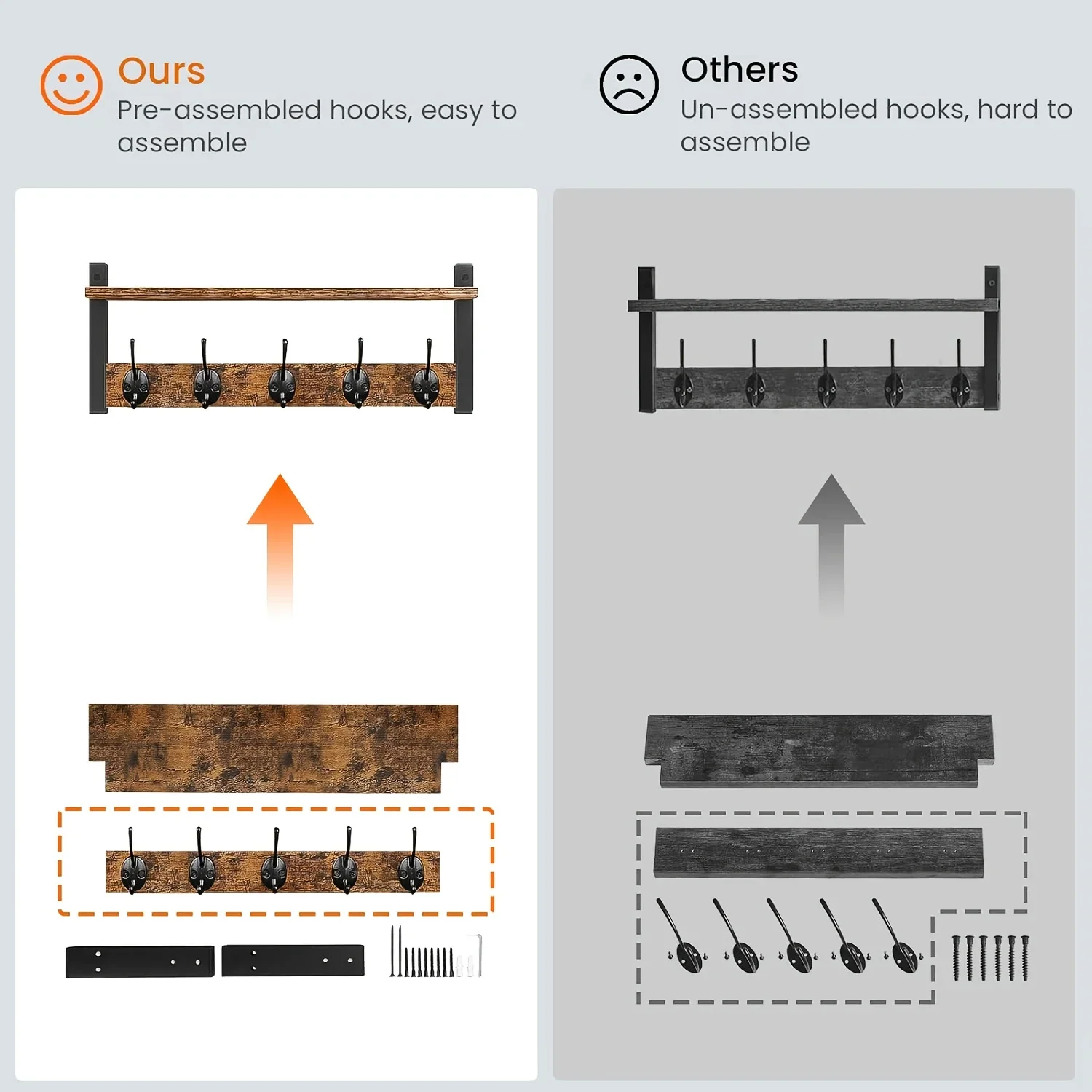 Estante para colgar ropa vintage montado en la pared con ganchos, estante suspendido de madera maciza, adecuado para sala de estar y almacenamiento de llaves
