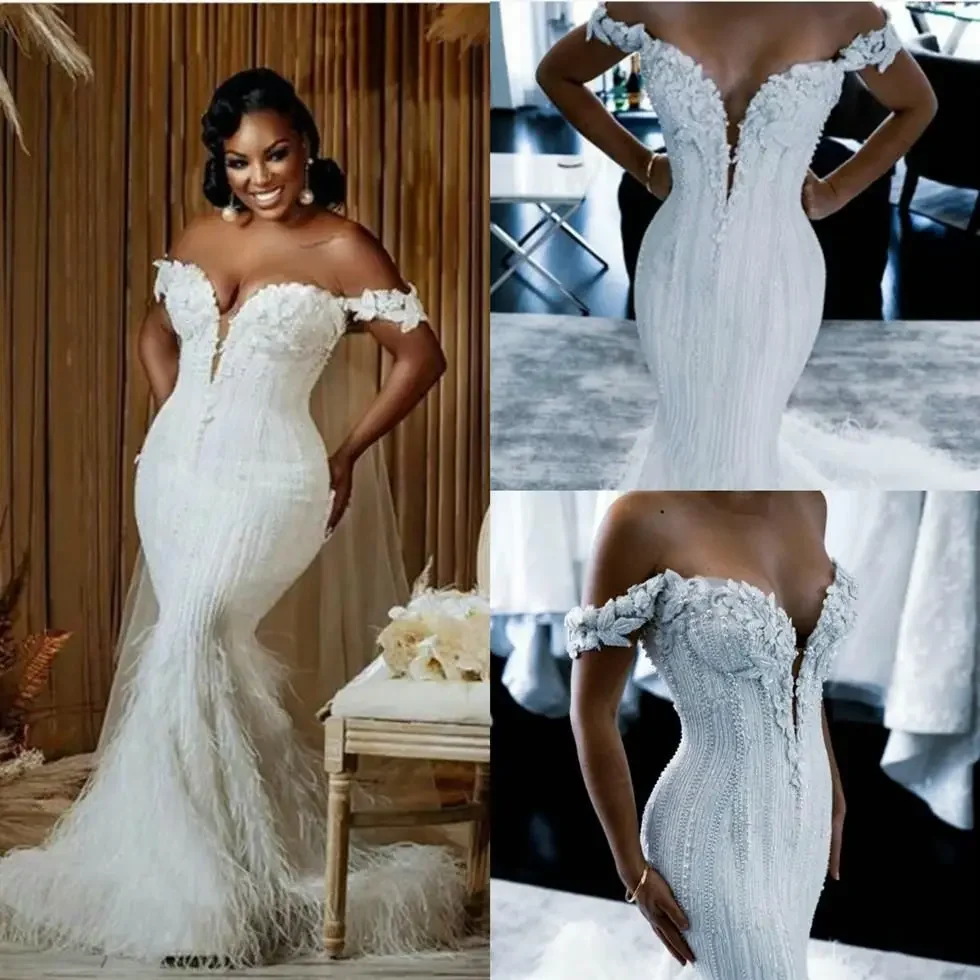 Customized African Plus Size Wedding Dresses Off Shoulder Lace Appliques Feather Country Sweep Train Custom Made Mermaid Robe