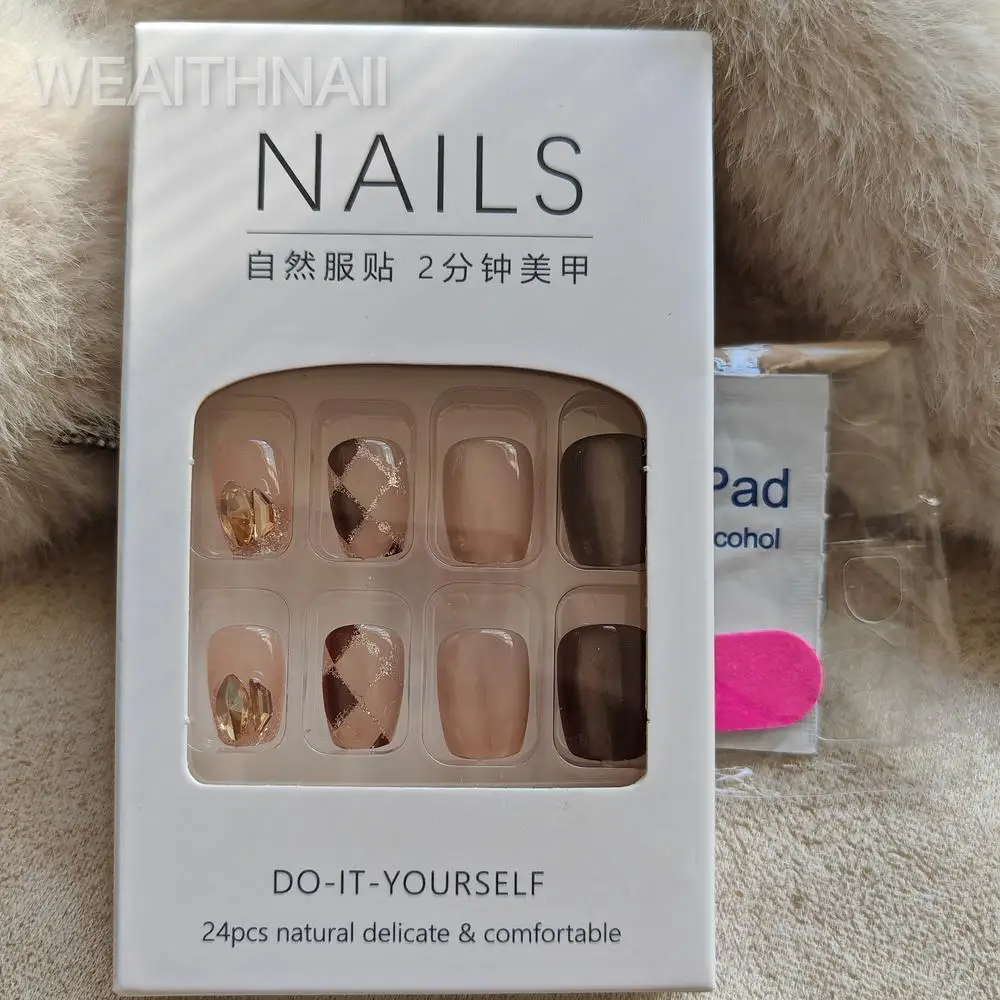 24PCS Acrylic Nail Long French Pressed Powder Full Set Square Spicy Girl Fashion Leopard Pattern Fake Nail Diamond Wearing Nail