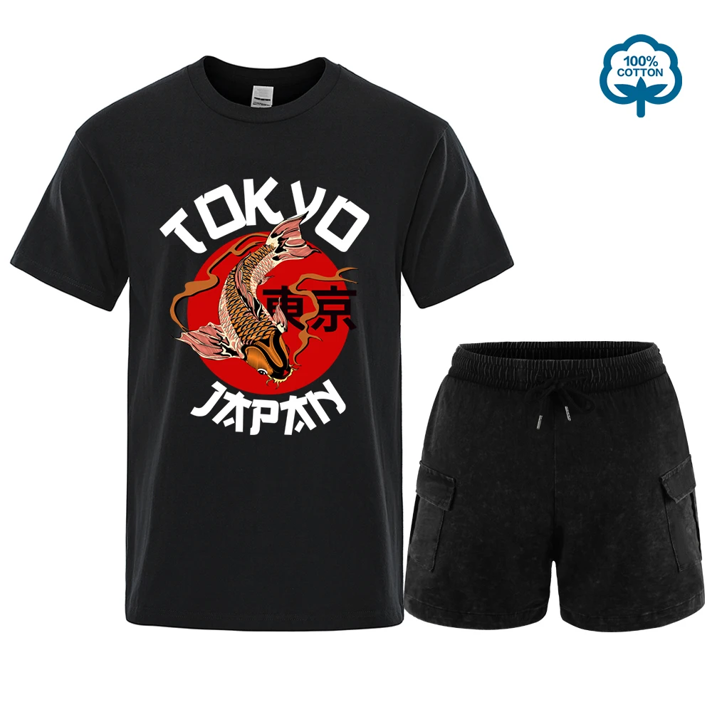 

Tokyo Koi Fish Funny Men Tshirt Set Casual Cotton Breathable Short Sleeve Oversized Tops O-Neck T Shirt suit Vintage Casual tee