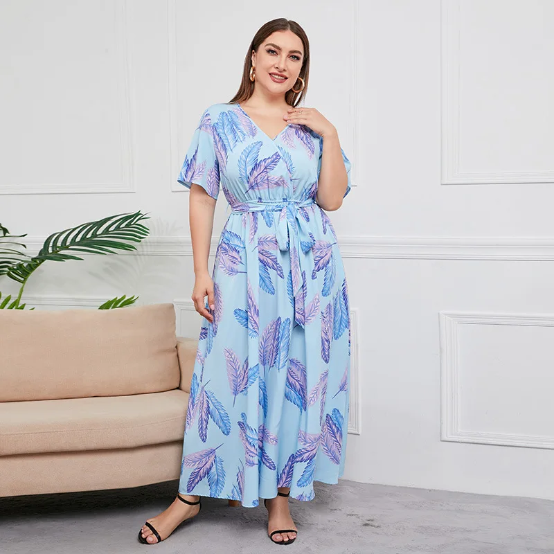 Plus Size V-hals Bloemenprint Boho Jurk Dames Zomer Korte Mouw Maxi Jurken Vakantie A-lijn Vrouwelijke Gordel Zwart Sexy Wit