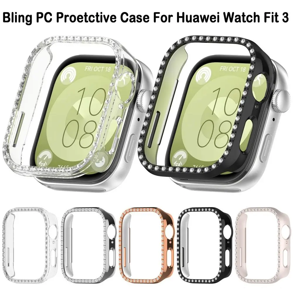 

Bling PC Case For Huawei Watch Fit 3 Double Row Diamond Crystal PC Protective Cover Watch Strap Protector Band