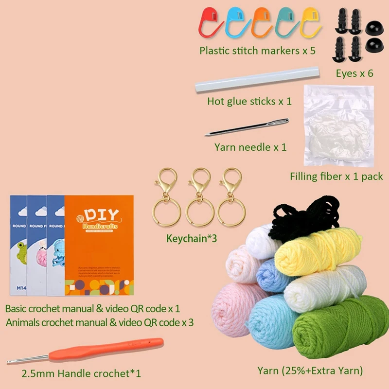 Set 3 Kit rajutan untuk pemula, Kit peralatan Crochet hewan Kit Video langkah demi langkah untuk pemula dan dewasa