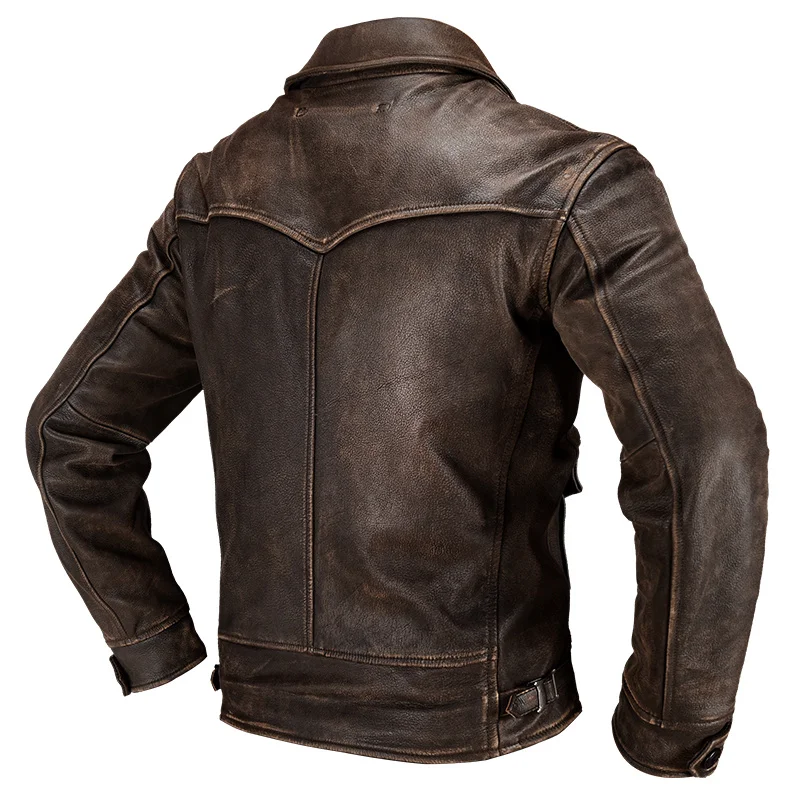 Vintage Brown American Casual Style Genuine Leather Jacket Men Plus Size 4XL Real Natural Cowhide Spring Slim Coat 90kg Wear