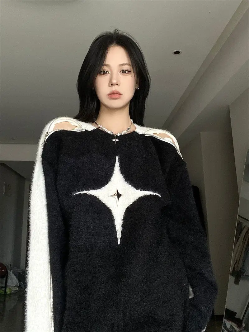 Retro Contrast Color Star Sweater Sexy Slash Neck Off Shoulder Long Sleeve Tops 2024 New Autumn Harajuku Fashion Y2k Jumpers