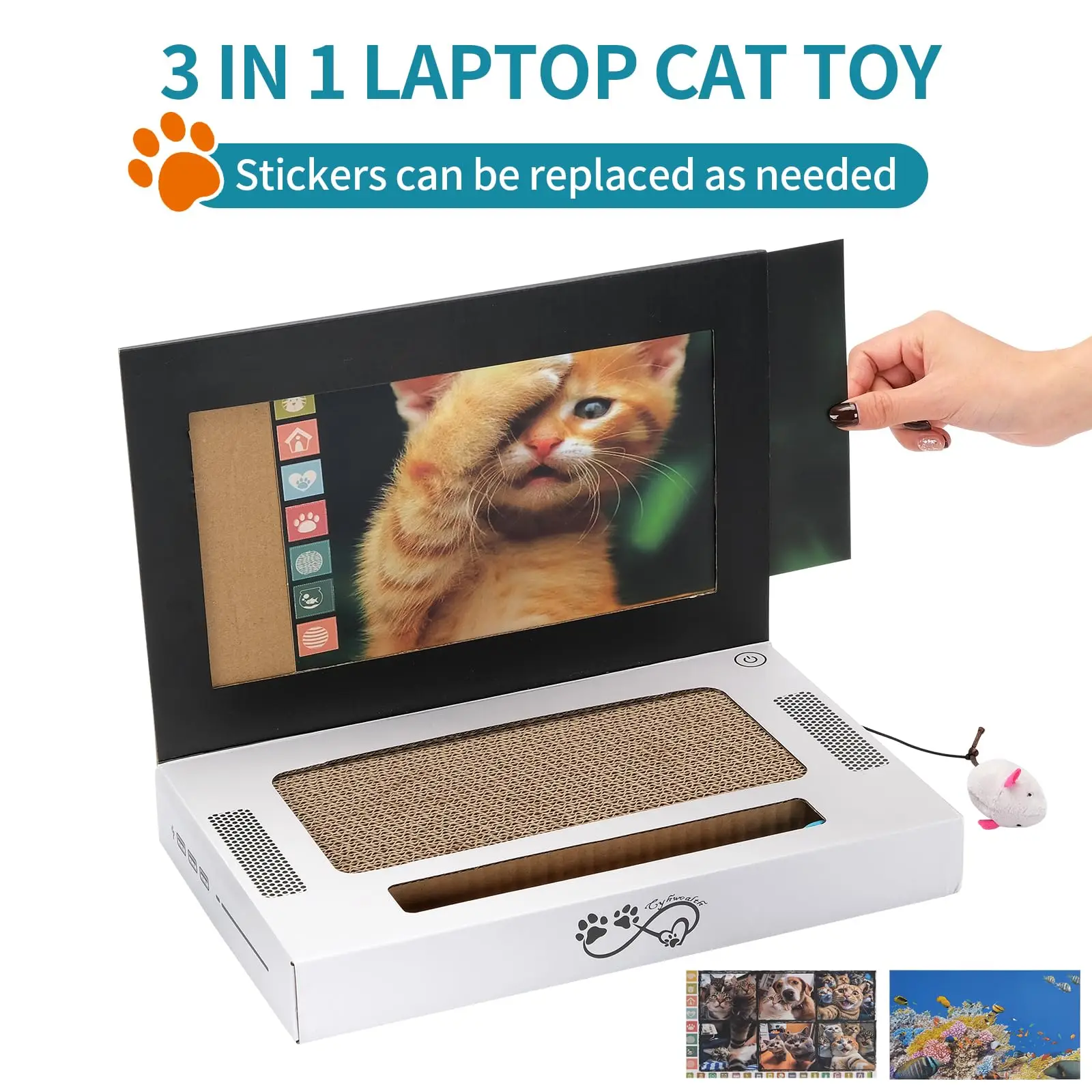 

Cardboard Cat Scratcher 3-in-1 Cat Laptop Toy with Fluffy 'Mouse'& Bell Ball Pet Scratch Pad