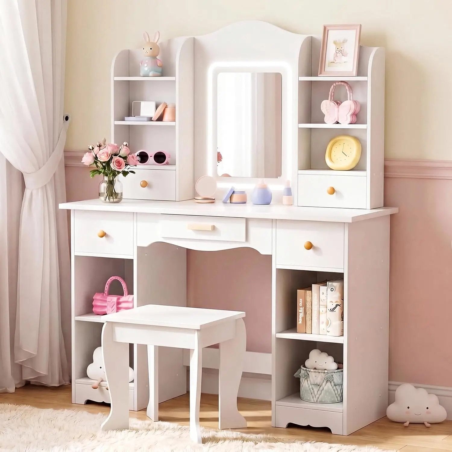 Kids Vanity with Lighted Mirror & Stool, Wooden Makeup Dressing Table with Drawer & Shelves for Girls Room, White, Customized