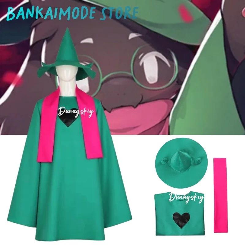 

Костюм для косплея Deltarune, костюм Ralsei, зеленая накидка со шляпой, шарф, наряд, карнавальный костюм на Хэллоуин